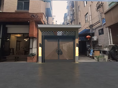 Traditional Entrance Gate With Lattice Design And Illuminated Sides In Urban Alleyway 3d model
