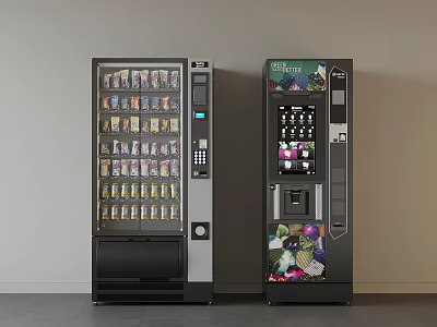 Two Modern Vending Machines With Snacks Drinks And Colorful Graphics 3d model