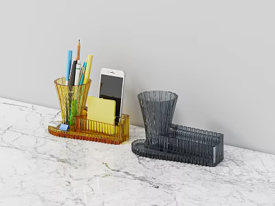 Yellow And Black Desk Organizers With Pens Mobile Phone And Sticky Notes On Marble Tabletop 3d model