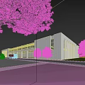 Industrial Factory Building With White Exterior Walls Large Windows Green Trees Lawn And Blue Sky