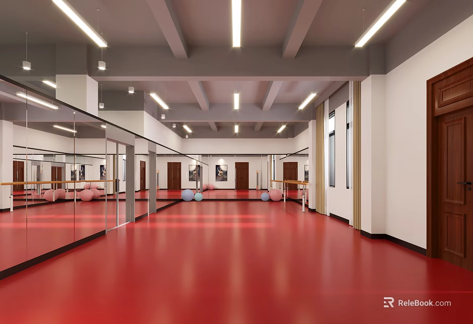 Spacious Fitness Studio With Mirrors Red Floor Exercise Balls And Ballet Barres 3d model 