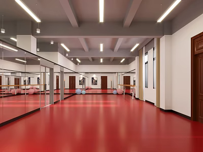 Spacious Fitness Studio With Mirrors Red Floor Exercise Balls And Ballet Barres 3d model