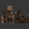 Rustic Wooden Tables And Chairs With Barrels And Decorative Cups Candle Holders