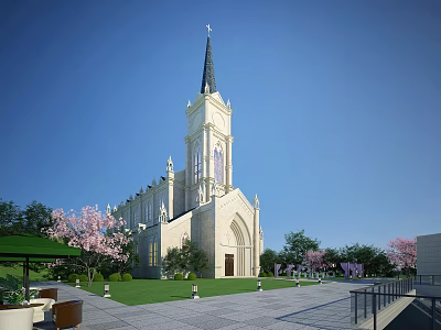 European Style Church Architecture Featuring Tall Spire Tower White Exterior Green Lawn Cherry Blossom Trees 3d model