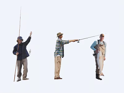 Group of People Engaged in Outdoor Fishing With Rods Hats and Fishing Gear 3d model