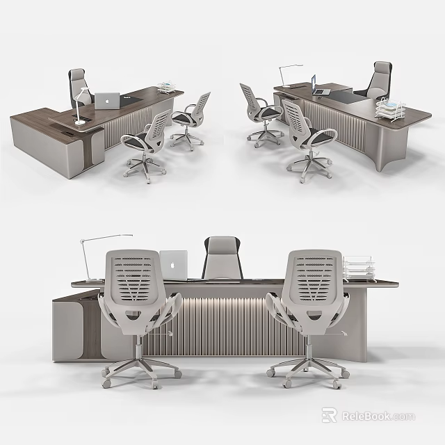 Modern Office Desk Setup With Ergonomic Chairs Laptop Desk Lamp And Documents 3d model 