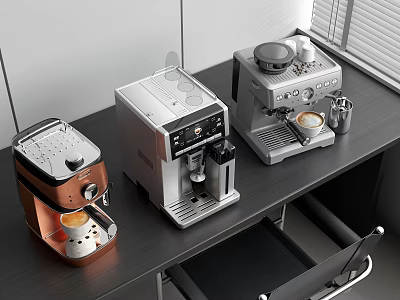 Modern Kitchen Appliances Featuring Three Coffee Machines In Various Designs 3d model