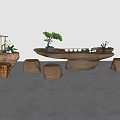 Natural Root Carving Tea Table With Stone Stools And Potted Plants For Tea Ceremony 3d model