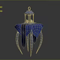 Elegant Decorative Lantern On Blue Patterned Tablecloth With Ornate Metal Legs