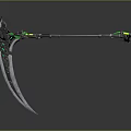 Fantasy Scythe Weapon With Long Handle Black Body Glowing Green Accents And Sharp Blade