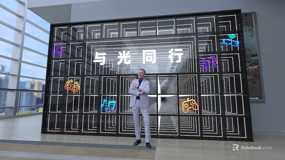 Speaker Standing In Modern Interior With Geometric Patterns And Neon Lights 3d model 