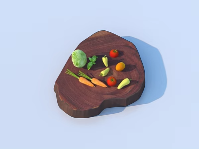 Fresh Vegetables Arranged on a Wooden Tray with Carrots Tomatoes and Cabbage 3d model