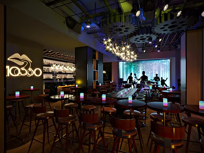 Modern Bar Interior Design With Hanging Chandeliers Round Tables And Stools 3d model