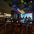 Modern Bar Interior Design With Hanging Chandeliers Round Tables And Stools