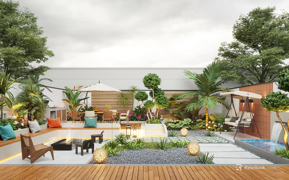 Lush Garden Space With Outdoor Seating Wooden Deck And Decorative Lights 3d model 