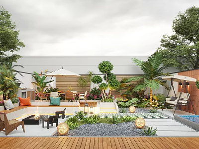 Lush Garden Space With Outdoor Seating Wooden Deck And Decorative Lights 3d model