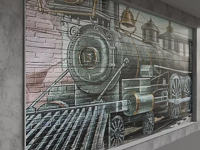 Vintage Steam Train Mural on Brick Background Wall with Detailed Retro Industrial Design 3d model