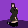 Woman With Purple Hair In Black School Uniform And Pleated Skirt On Purple Background