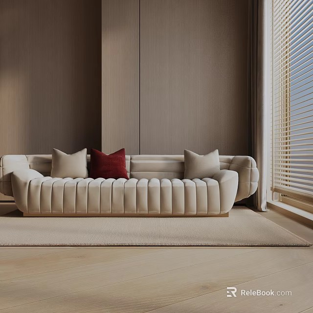 Beige Three Seater Sofa With Red And Beige Cushions Wooden Wall And Window Blinds 3d model 