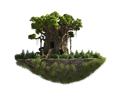 Scenic Floating Island With Large Ancient Tree Small House And Green Grass 3d model