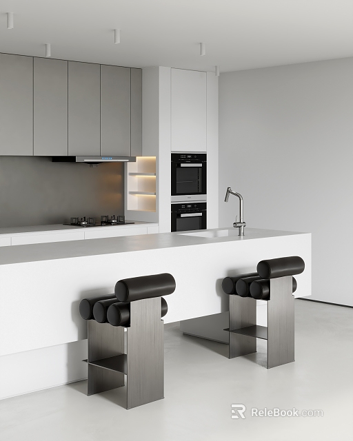 Black Padded Bar Stools with Stainless Steel Legs in Modern Kitchen White Countertop 3d model 