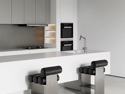 Black Padded Bar Stools with Stainless Steel Legs in Modern Kitchen White Countertop 3d model