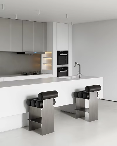 Black Padded Bar Stools with Stainless Steel Legs in Modern Kitchen White Countertop 3d model