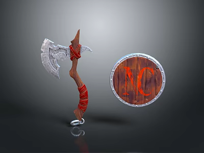 Axe And Shield Weapon With Silver Blade Wooden Handle Red Straps NC Symbol Silver Rim 3d model