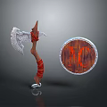 Axe And Shield Weapon With Silver Blade Wooden Handle Red Straps NC Symbol Silver Rim