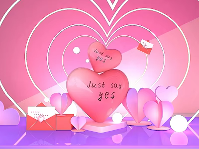 Pink Romantic Scene Featuring Heart Decorations Envelope And Just Say Yes Text 3d model