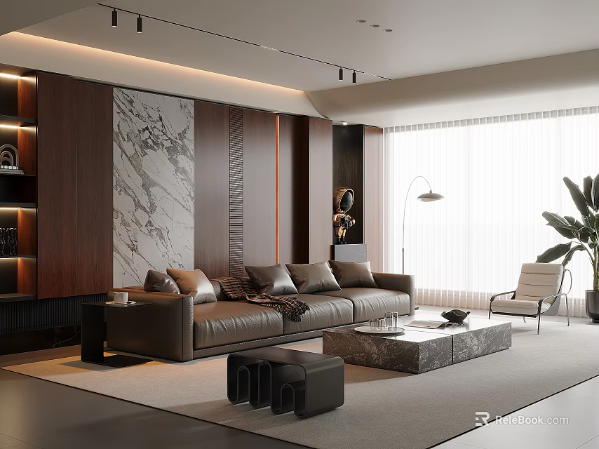 Modern Living Room Interior Design With Brown Leather Sofa Marble Coffee Table Wooden Accent Wall 3d model 