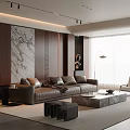 Modern Living Room Interior Design With Brown Leather Sofa Marble Coffee Table Wooden Accent Wall