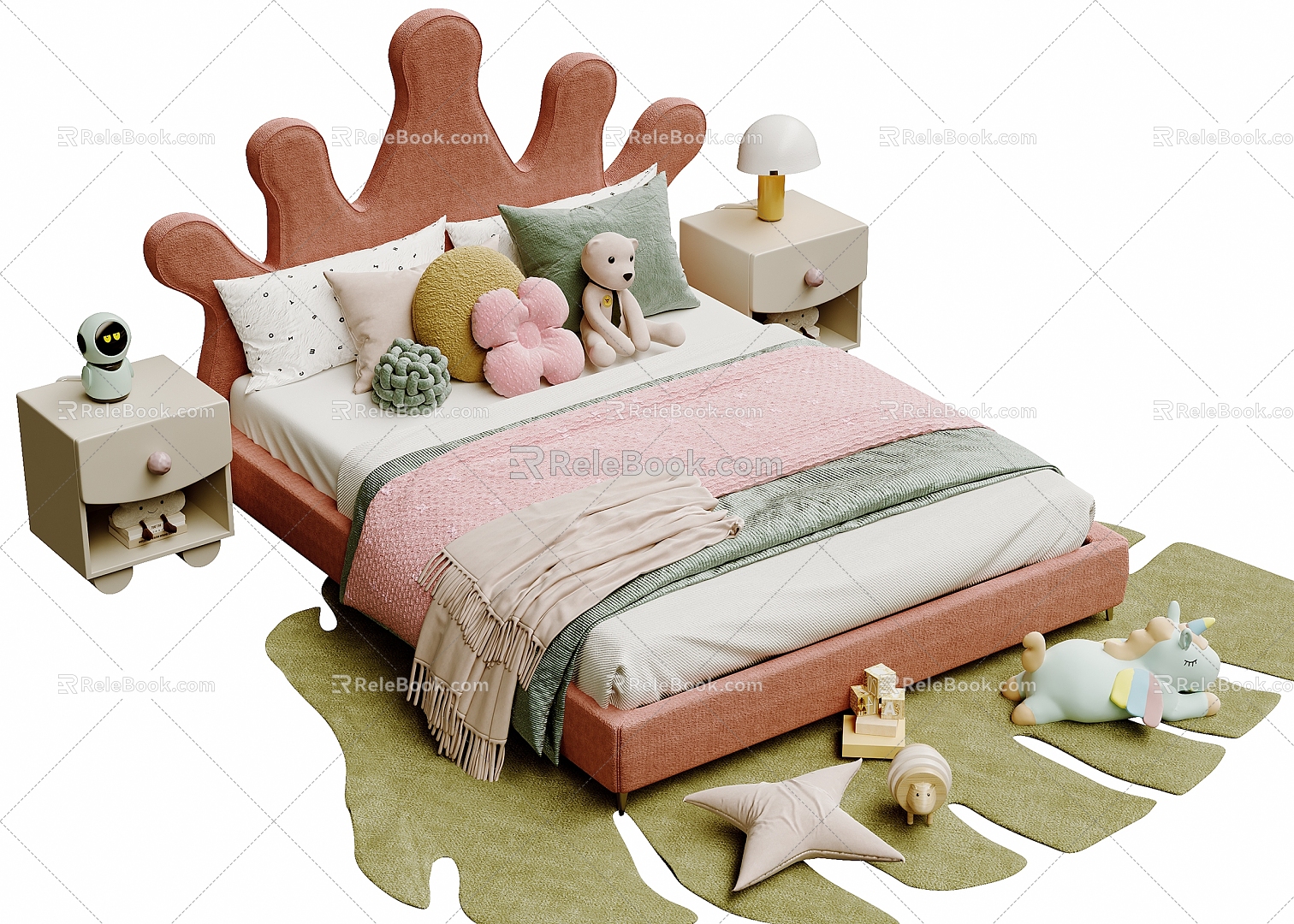 Girls' Bed Children's Bed Pink Bed Cartoon Cartoon Carpet Children's Bedside Cabinet Children's Ornaments 3d model