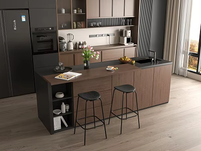 Modern Restaurant Kitchen Interior Design With Island Counter Cabinets Stools And Appliances 3d model