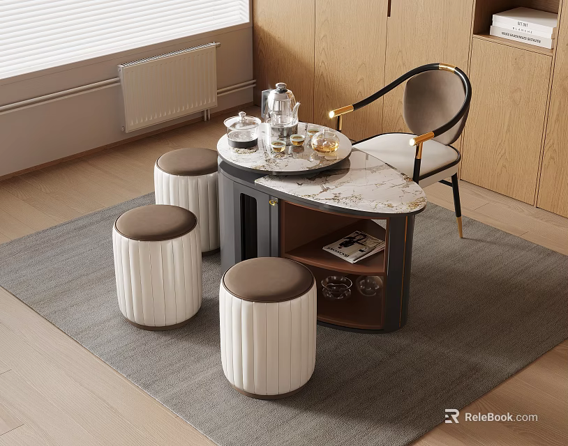 Modern Tea Table Set With Marble Top Chairs And Stools White Brown Cushions 3d model 