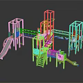 Multi Structure Outdoor Playground Equipment With Slides Stairs Climbing Frames Orange Frames And Green Panels