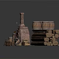 Rustic Brick Stove With Wooden Barrels Stacked Logs And Hay Elements 3d model