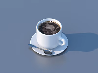 Classic Black Coffee In White Cup On Saucer With Silver Spoon Gray Background 3d model