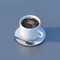 Classic Black Coffee In White Cup On Saucer With Silver Spoon Gray Background