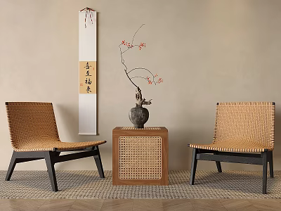 Woven Lounge Chairs With Black Legs Wooden Side Table Vase Red Flowers Beige Wall Scroll 3d model