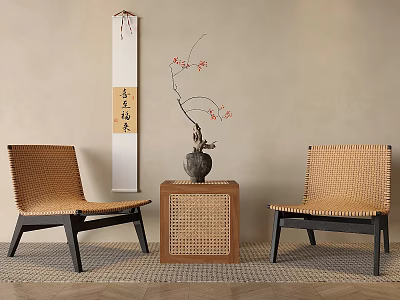 Rattan Recliner Nordic Solid Wood Rope Leisure Chair Lazy Sofa Recliner Rattan Reading Chair Rattan Square Corner 3d model
