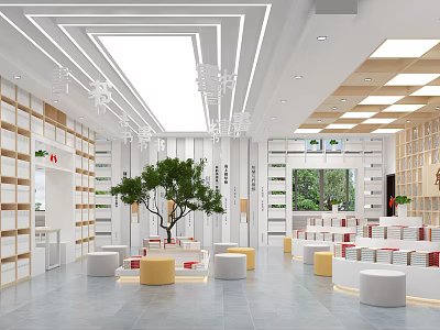 Artistic Bookstore Art Interior Design With Bookshelves Central Tree And Circular Seats 3d model