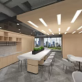 Modern Open Office Space with Large Windows City Skyline View and Lounge Area Tables