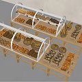 Dessert Shop Display Shelves With Glass Covers Wooden Racks And Assorted Breads Pastries