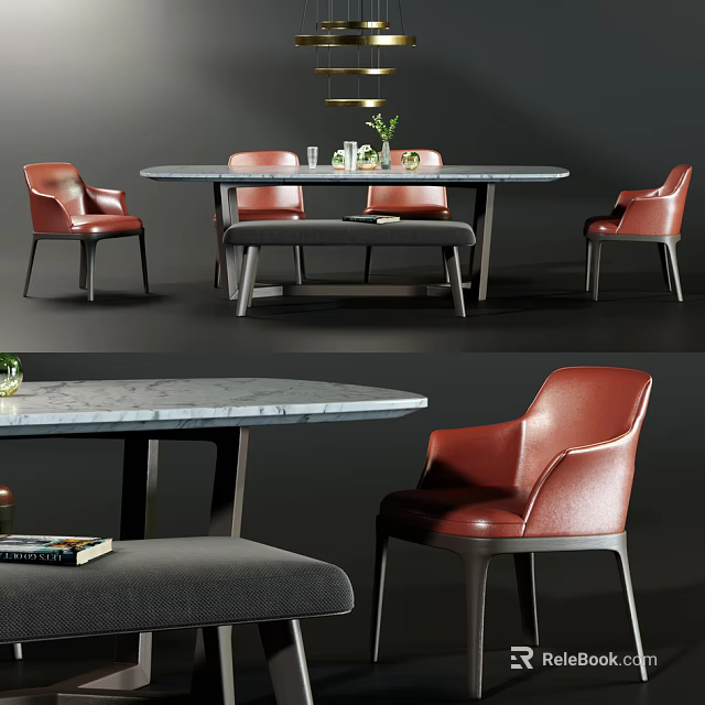 Modern Dining Table Set With Marble Top Red Leather Chairs And Bench 3d model