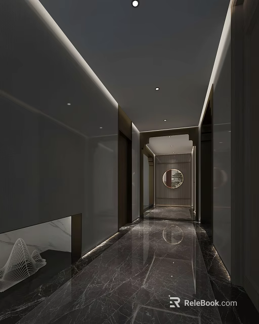 Modern Elevator Hallway With Marble Floor Recessed Lighting And Circular Mirror 3d model