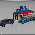 Modern Blue Pickup Truck With Mobile Kiosk Red Awning And Seating Setup