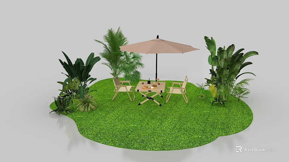 Outdoor Garden Retreat With Green Lawn Table Chairs Umbrella Palm Trees And Lush Plants 3d model 