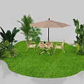 Outdoor Garden Retreat With Green Lawn Table Chairs Umbrella Palm Trees And Lush Plants