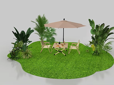 Outdoor Garden Retreat With Green Lawn Table Chairs Umbrella Palm Trees And Lush Plants 3d model